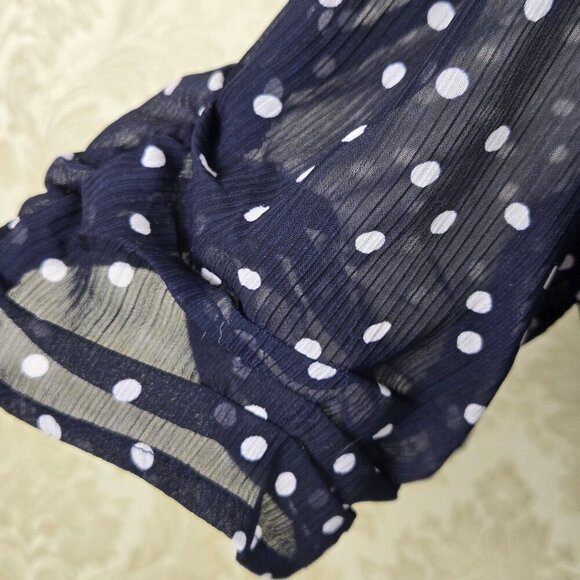 DKNY Size 4 Navy Blue Midi Dress White Polka Dots Vneck Sheer Ruched Sleeves - Picture 5 of 15